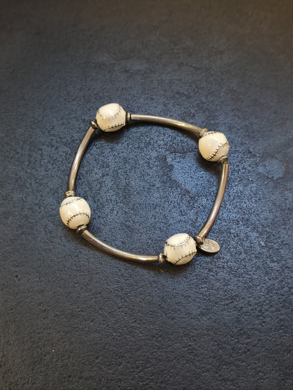 Vintage Carol Lee Baseball Stretch Bracelet | Sports-Themed Silver Tone Jewelry - Picture 2 of 5
